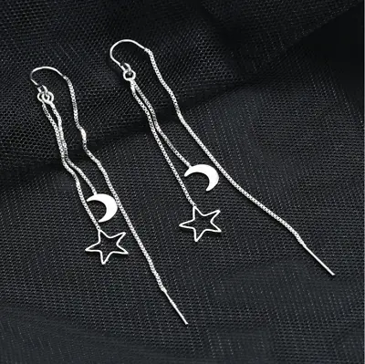 Women Silver Tone Tassel Threader Moon Star Dangle Drop Earrings Fashion I50 • $4.95