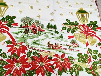 $19.95 • Buy Vtg Vinyl Tablecloth Flannel Back Christmas Scene Rectangle Oblong 70  X 52 