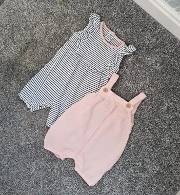 Matalan Baby Girls Outfit Summer Romper Bundle 3-6 Months Pink Dungarees Blue B • £4.99