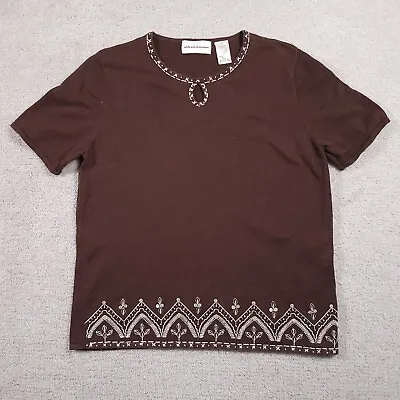 Alfred Dunner Shirt Women's Small Brown Stretch Short Sleeve Knit Embroidered • $16.97