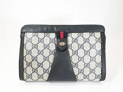 Vintage GUCCI GG Sherry Clutch Bag Purse Leather PVC Authentic Navy • $129.99