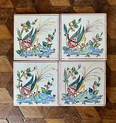 4 Vintage Miniature 3  Portuguese Tiles Hand Painted Bird Flower Decorative • £20