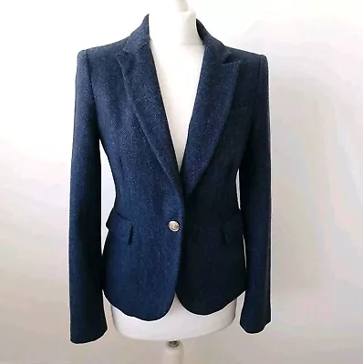 ZARA Blue Women's 100% Wool Tweed Elbow Patch Hacking Blazer Jacket Size M 10 • £39.99