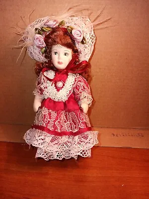 Porcelain Girl Doll Les Mini Poupees De Mado 5  Tall LA BELLE  EPOQUE Red Dress • $20