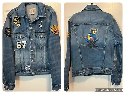 Polo Ralph Lauren Mens S Denim Trucker Jacket Patches 67 Tiger Pony Logo Bear • $120