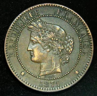 1871 A France 10 Centimes CERES Bronze Coin - VERY NICE • £4.99