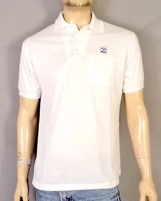 Vintage 80s 90s Single Stitch MOOG Solid White Pocket Polo Shirt Screen Stars L • $13.71