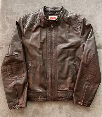 RARE! Levi's Strauss & Co Men’s Brown Genuine Leather Moto Jacket Cafe Racer XXL • $150