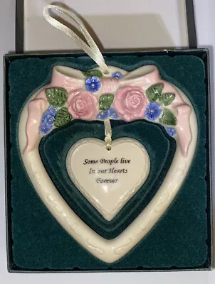 In Our Hearts Forever Christmas Ornament Memorial Decoration Ceramic Vtg • $14.99