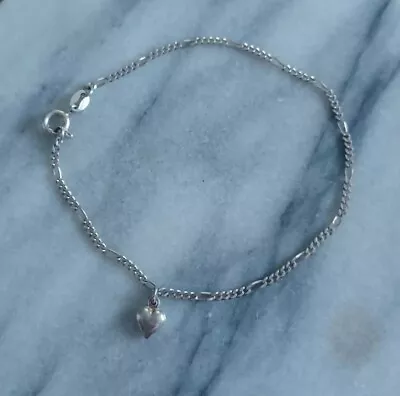 Vintage Sterling Silver Figaro Chain Anklet With Heart Charm 9  Long Italy 925 • $21.99