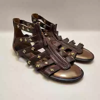 Ciao Bella Gladiator Sandals Shoes Studded Brown Gold Zipper Flat Summer 8 1/2 • $19.99