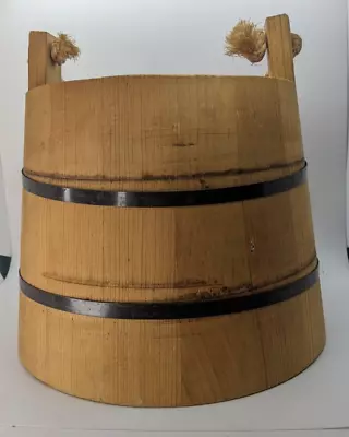 Wooden Firkin Bucket Pail Rope Handle Wishing Well Steel Hoops Vintage Primitive • $50