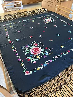 Vintage Black Silk Piano Shawl Scarf Embroidered Flowers  Gorgeous Condition • $120