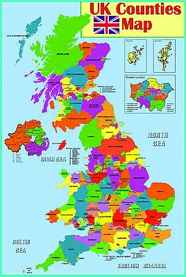 UK COUNTIES MAP EDUCATIONAL POSTER WALL CHART - A2 Size • £4.99