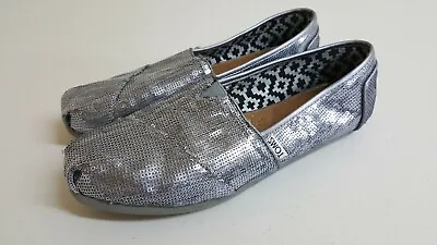 TOMS Womens Size 9 W Super Shiny Silver Sequin Slip On Flats Shoes • $19.99