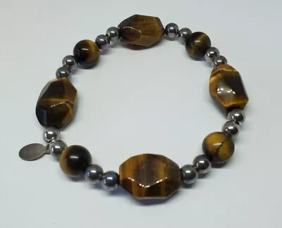 21st And Stone Tigers Eye Sterling Silver Bead Elastic Stretch Bracelet • £13.01