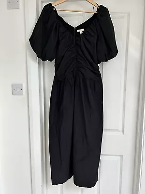 H&M Puff Sleeve Black Ruched Midi Dress Medium UK 12 14 SOLD OUT WORN ONCE • $22.38