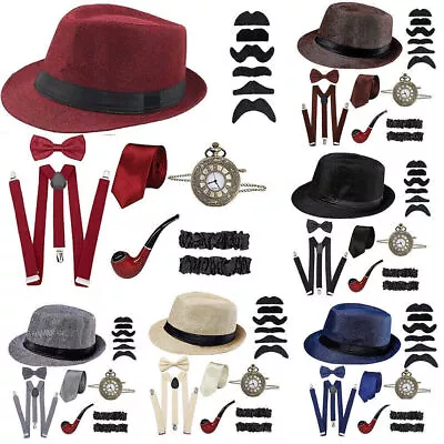 20s 1920s Mens Gatsby Gangster Costume Accessories Set Hat Bow Tie Funny Party`/ • £19.69