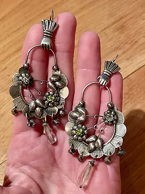 Elena Solow Mexican Folk Art Sterling Floral Crystal Dangle Earrings • $450