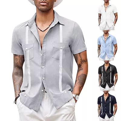 £12.59 • Buy Mens Cuban Guayabera Shirt Summer Button Down Shirts Short Sleeve Hippie Beach