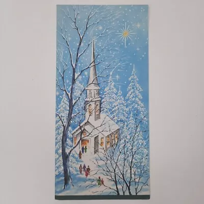 Vintage Church Snow Steeple Trees Woods Star Glitter Christmas Greeting Card • $5