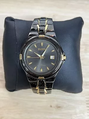 Elgin Men's Wrist Watch Black/Gold Stainless Steel Band. Works & Very Nice! • $45