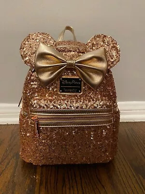 New Disney Parks Minnie Mouse Rose Gold Sequin Loungefly Mini Backpack • $89.99