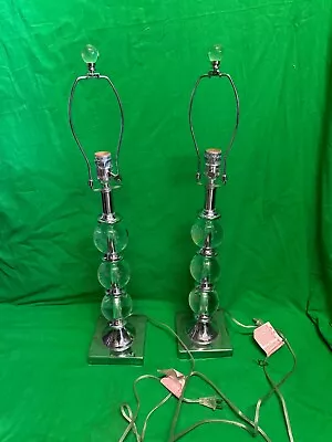 Pair Of Triple Crystal Glass Ball Table Lamp Square Chrome Base • $99