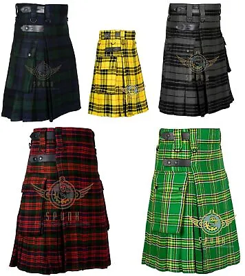 Men's Scottish Utility Kilts Two Side Pockets Fashion Multi Colors Clan Tartan • $42.75