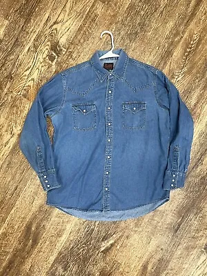 $22 • Buy Vintage 90s Plains Western Wear Pearl Snap Chambray Shirt Size Large Tall