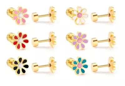 Women's White Flower Screw Back Stud Earrings Gold Plated Baby Kids Girl's Studs • £7.99