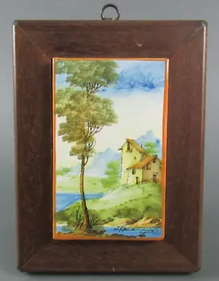 Vintage Italy Painted Pottery Landscape Tile Plaque In Frame • $18
