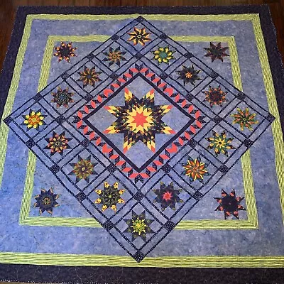 Laurel Burch Quilted Bedspread Blue Colorful Star Patchwork Boho Fish 88x90  • $145