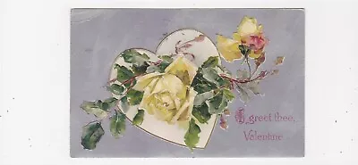 VALENTINE Vintage Postcard / Yellow Roses Silver Background / I Greet Thee • $0.99