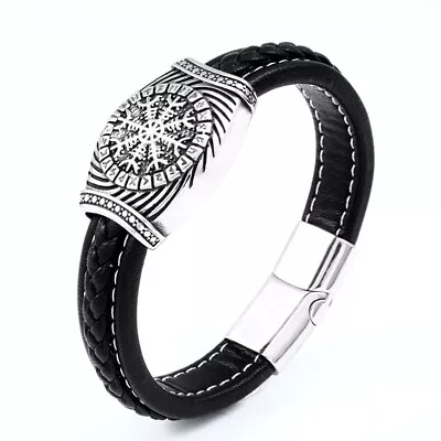 Mens 18-24CM Stainless Steel Nordic Viking Pirate Compass Leather Bracelet Cuff • $17.53