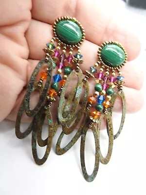 1980's Green Malachite Crystal Antiques Metal Dangle Pierced Earrings Vintage • $11.66