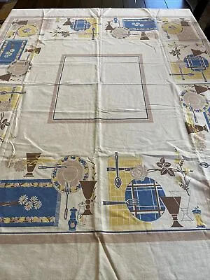 Vintage Startex Starmont Cotton Tablecloth - Place Setting - Blue Yellow Brown • $23