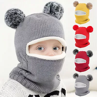 Baby Kids Boys Girls Winter Warm Hat With Fur Ball Toddler Beanie Cap+Scarf Set • $9.80