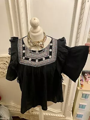 £7.99 • Buy Topshop Black Embroidered Drill Boho Vintage Style Blouse 8-10