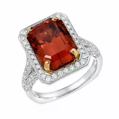 Perfect Emerald Cut 8.85CT Mandarin Garnet & 1.08CT Round Cut CZ Engagement Ring • $190