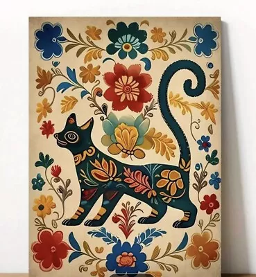 Small Floral Black Cat Art Print Cat Gift Mexican Wall Decor Canvas New • $8.95