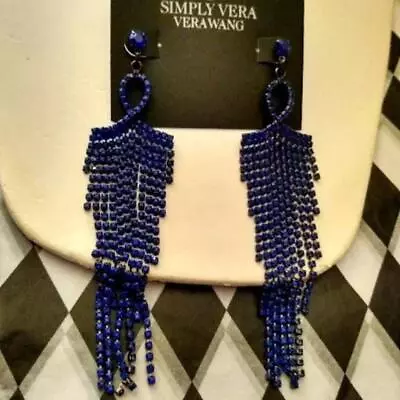 VERA WANG Glam Gunmetal/Sapphire Blue Rhinestone Waterfall Statement Earrings • $23.39