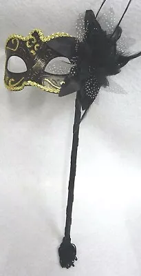 £16.99 • Buy Black & Gold Venetian Masquerade Party Carnival Eye Flower Mask Hand Held Stick