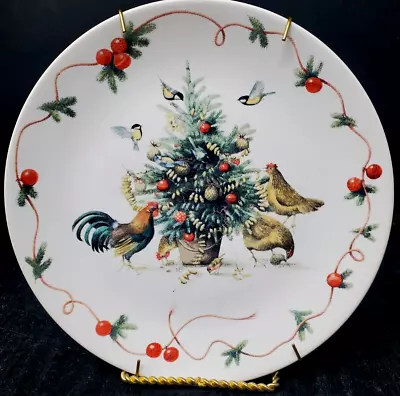 MARJOLEIN BASTIN Christmas Tree Rooster Chickens Holiday 8  Plate Vintage 1995 • $12.04