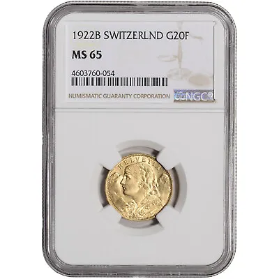 $561.56 • Buy 1922 B Switzerland Gold 20 Francs - NGC MS65