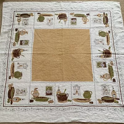 Vintage Kitchen Print Linen Tablecloth Casseroles Utensils Spices Herbs • $17.99