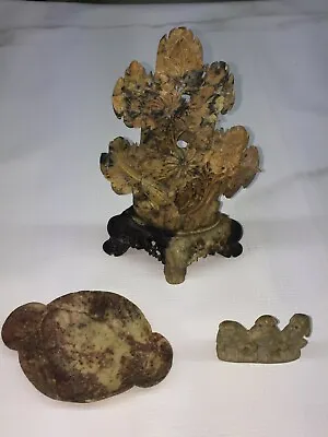 3 Collectible Oriental Soap Stone Items: Floral Piece 3 Monkeys Cigarette Tray • $68