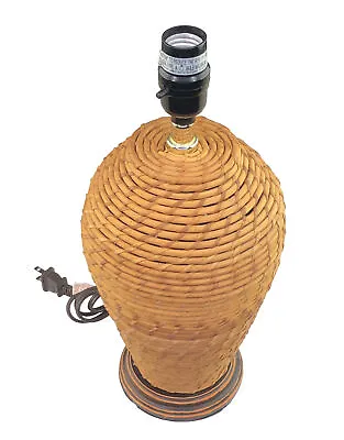 Vintage Reed Pen Style Table Lamp Wooden Base Coil Basket Woven Rattan (read) • $68