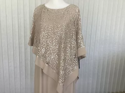 R&M RICHARDS Lined Stretch Champagne Sleeveless DRESS W/Sequined Lace CAPE - 12 • $21.99