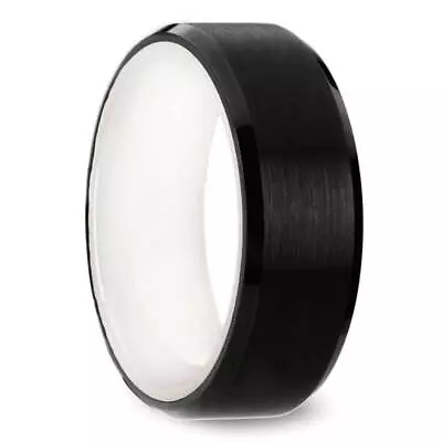 8mm Mens Beveled Black Tungsten Carbide Band With White Ceramic Sleeve Ring • $44.66